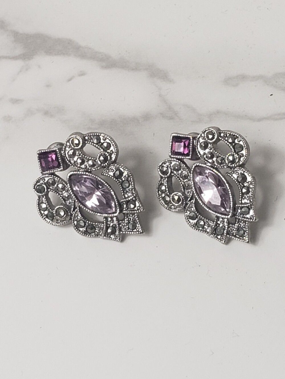 1928 JEWELRY Marcasite Purple Crystal Pierced Earrings